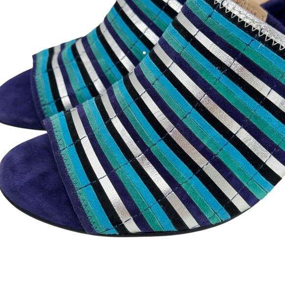 Botkier Posie Mule Sandal 8 Womens Blue Leather Suede Silver Metallic Heel NEW - Picture 4 of 11